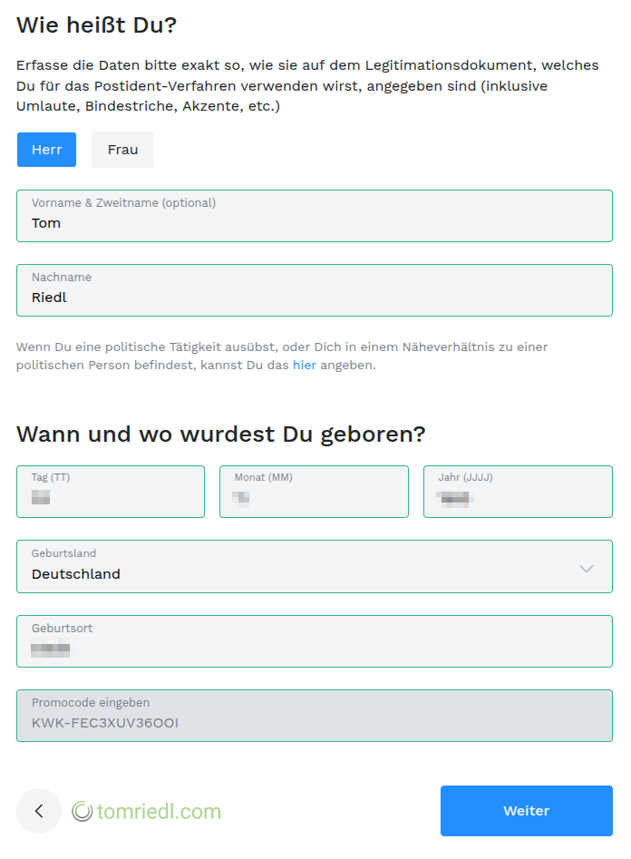 Persönliche Daten angeben