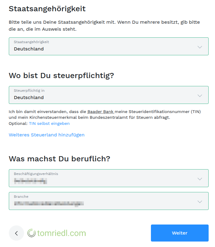 Staatsangehörigkeit und Beruf wählen