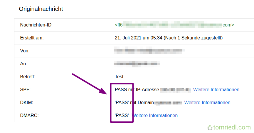 Testergebnis Gmail für SPF, DKIM und DMARC