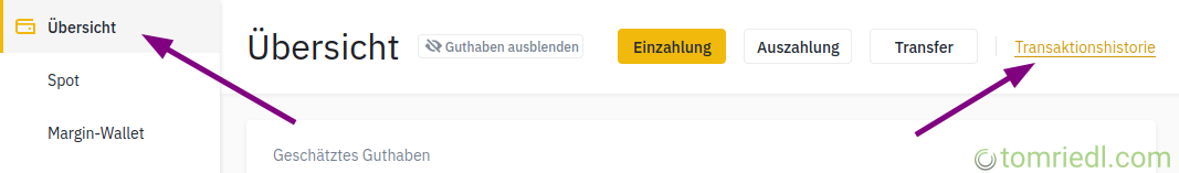 Navigationshistorie über Binance-Menü öffnen
