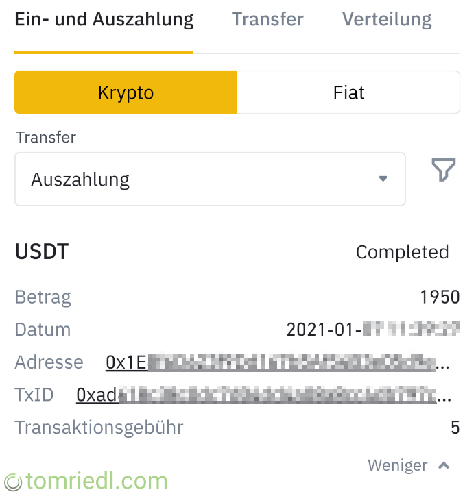Eintrag Transaktion in Binance-Protokoll