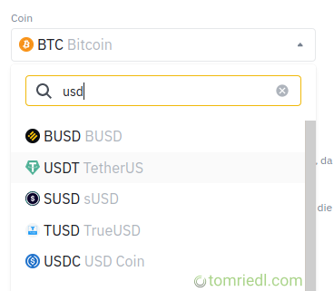 Coin oder Token auswählen