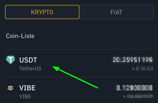 Kryptoasset aus Liste auswählen in der Binance-App auswählen