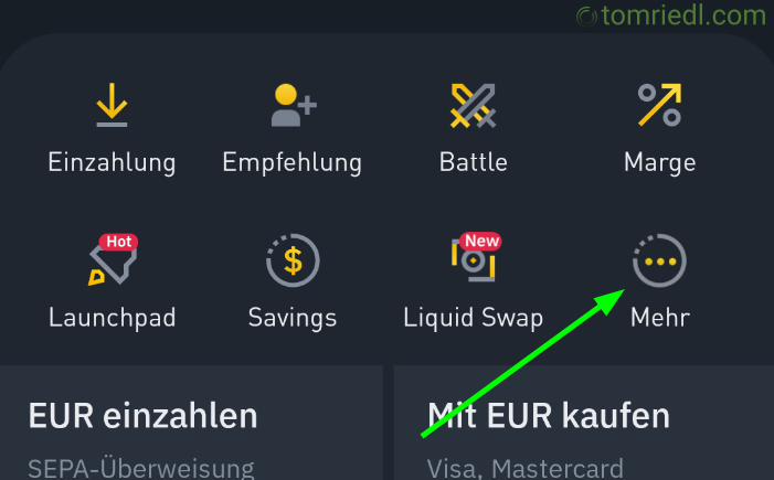 Binance App Startseite Mehr Funktionen Ansicht 1