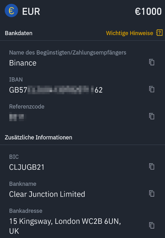 Binance Überweisungsdaten über Clear Junction