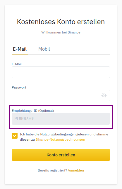 Eingabe des Referral-Codes bei Registrierung