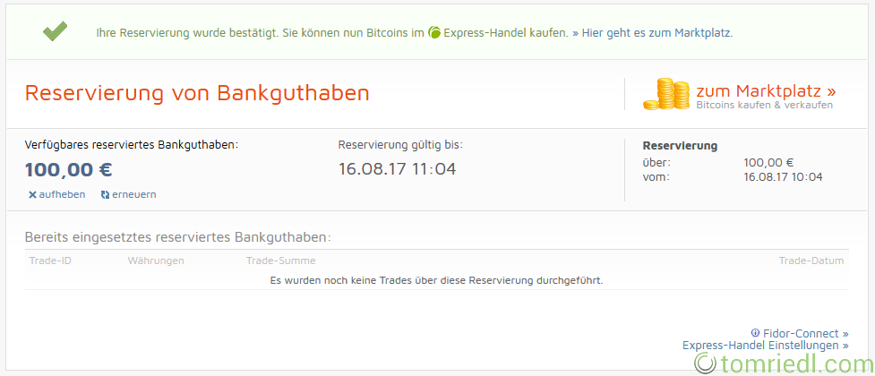 Bitcoin.de Reservierung bestätigt